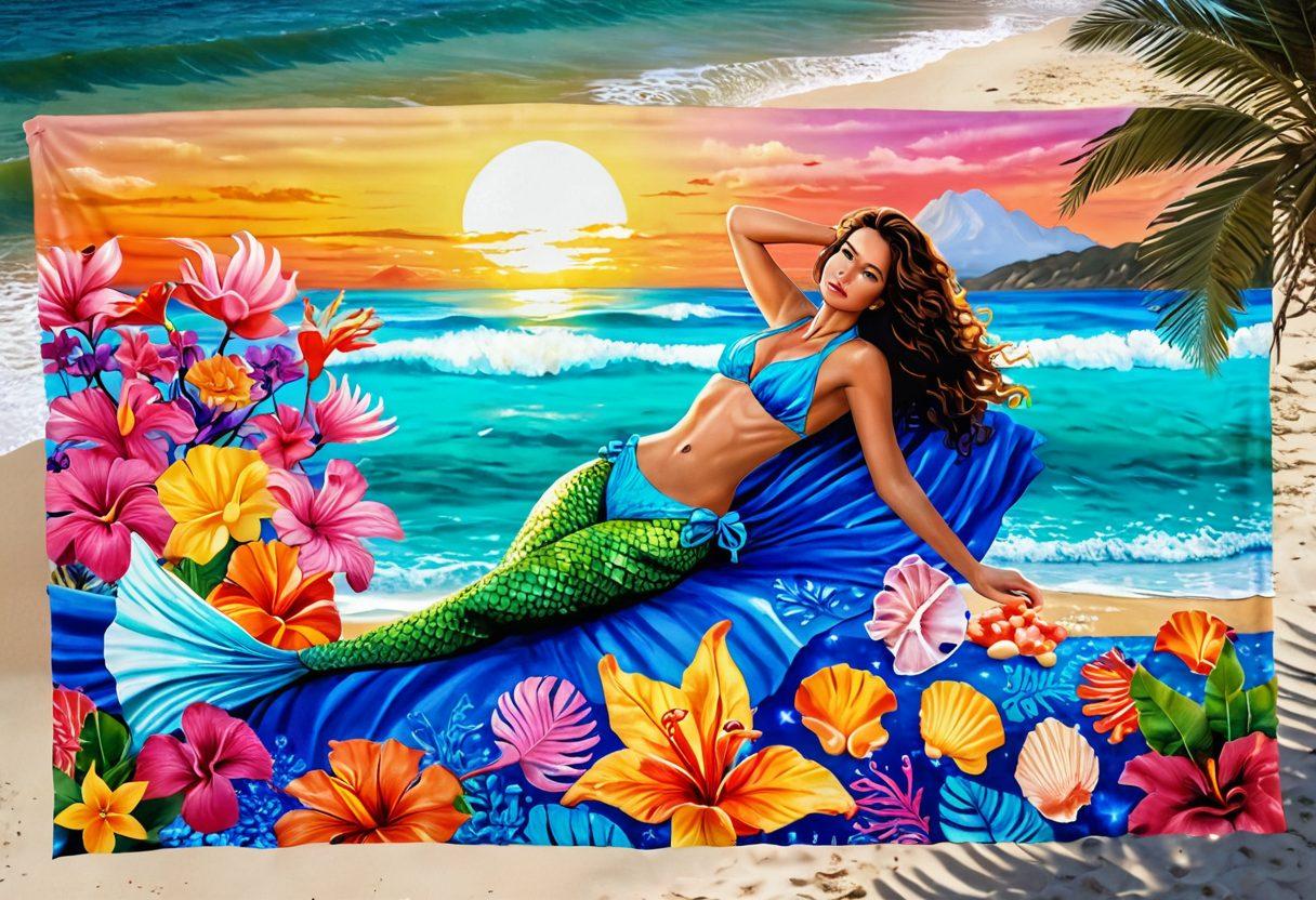 A whimsical beach scene featuring a stunning mermaid lounging on a colorful beach towel, surrounded by vibrant tropical flowers and seashells. She is wearing a fashionable bikini that blends with ocean hues, accentuated with shimmering scales. The sun is setting, casting a warm glow over the scene while playful waves whisper at the shore. Include stylish beachwear displayed on a rack beside her. super-realistic. vibrant colors. soft focus.