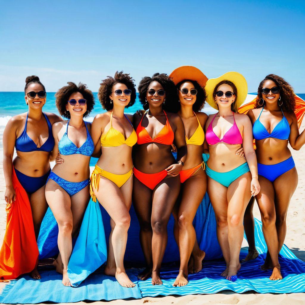 An inspiring scene of diverse women confidently wearing chic bikinis on a sunny beach, showcasing different body shapes and sizes. Include colorful beach towels, stylish sunglasses, and a bright blue sea in the background. Capture the joy and empowerment of embracing self-love and body positivity. Include vibrant colors and joyous expressions. super-realistic. vibrant colors. sunny background.